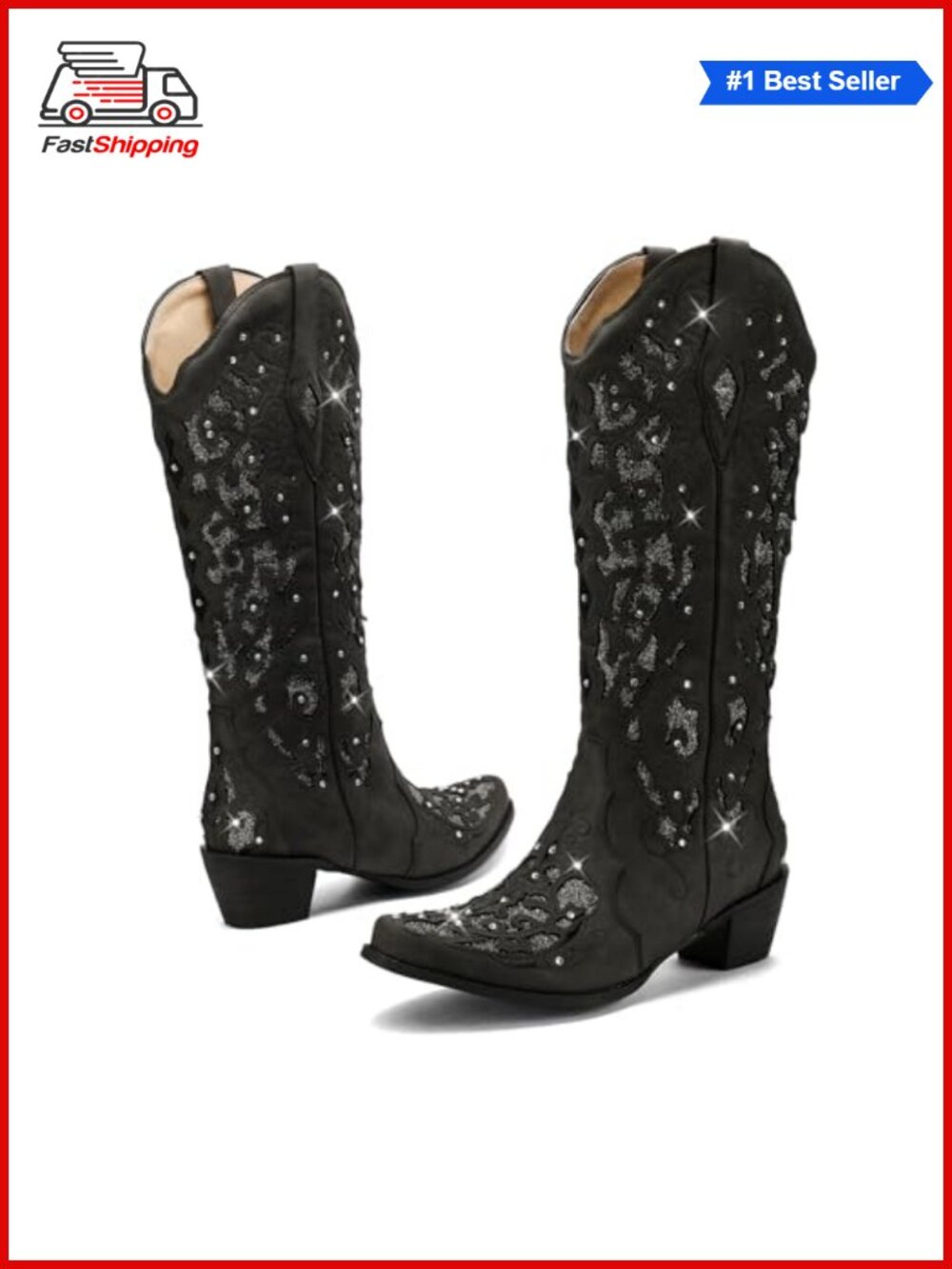 Rhinestone Mid Calf Western Cowgirl Boots Chunky Heel Glitter Party Boots